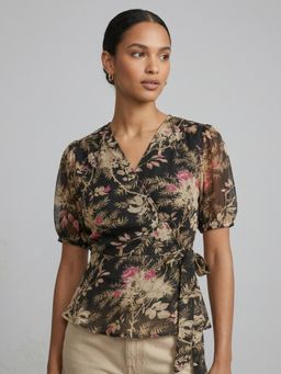 ANVI Be Yourself - Floral Printed Black Chiffon V Neck Short Sleeve Waist Tie-ups Wrap Top