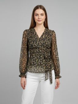 ANVI Be Yourself - Floral Printed Black Chiffon V Neck Long Sleeve Waist Tie-ups Wrap Top