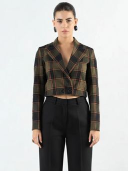 Powersutra - Women Green Checkered Warm Crop Blazer