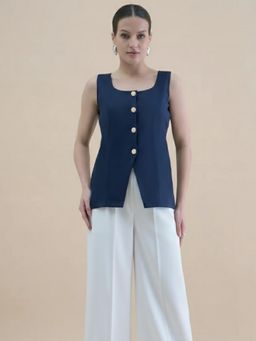 Powersutra - Women Navy Blue U-Neck Straight Fit Waistcoat