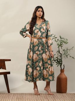 Garden VARELI - Women Floral Printed Cotton Calf Length Midi Dress with Belt