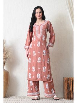 SYRISH - Peach Rayon Hand Embroidered Chikankari Kurta with Palazzo