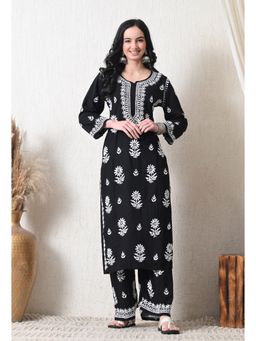 SYRISH - Black Rayon Hand Embroidered Chikankari Kurta with Palazzo