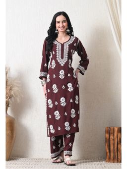 SYRISH - Brown Rayon Hand Embroidered Chikankari Kurta with Palazzo