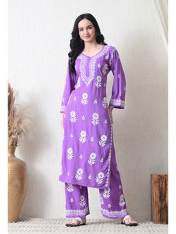 SYRISH - Purple Rayon Hand Embroidered Chikankari Kurta with Palazzo