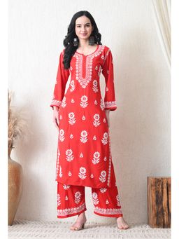 SYRISH - Red Rayon Hand Embroidered Chikankari Kurta with Palazzo