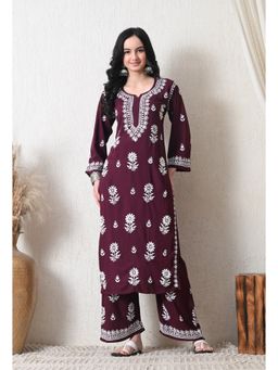SYRISH - Wine Rayon Hand Embroidered Chikankari Kurta with Palazzo