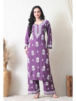 SYRISH - Mauve Purple Rayon Hand Embroidered Chikankari Kurta with Palazzo