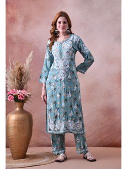SYRISH - Aqua Bloom Hand Embroidered Chikankari Rayon Kurta with Palazzo