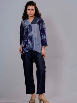 Zolo Label - Stylish Navy Blue Satin Tie-Dye Embroidered Co-Ord Set