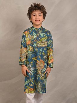 ANTHRILO - Blue Block Printed Pure Cotton Kurta