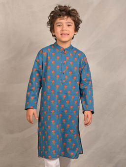 ANTHRILO - Blue Flower Print Pure Cotton Kurta