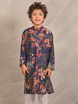 ANTHRILO - Navy Blue Block Print Pure Cotton Kurta