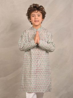ANTHRILO - Sea Green Flower Print Pure Cotton Kurta
