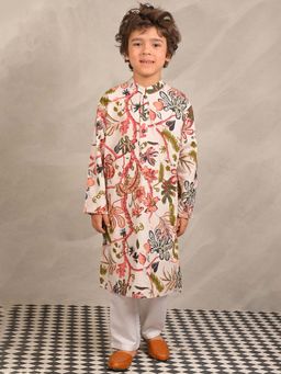 ANTHRILO - Beige Floral Print Pure Cotton Kurta & Pyjama (Set of 2)