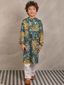 ANTHRILO - Blue Block Printed Pure Cotton Kurta & Pyjama (Set of 2)