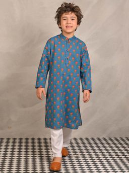 ANTHRILO - Blue Flower Print Pure Cotton Kurta & Pyjama (Set of 2)