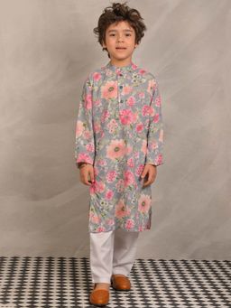 ANTHRILO - Light Grey Floral Print Pure Cotton Kurta & Pyjama (Set of 2)