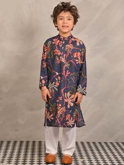 ANTHRILO - Navy Blue Block Print Pure Cotton Kurta & Pyjama (Set of 2)