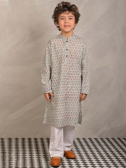 ANTHRILO - Sea Green Flower Print Pure Cotton Kurta & Pyjama (Set of 2)