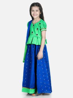 BownBee - Embroidered South Indian Pavda Pattu Lehenga- Green (Set of 3)