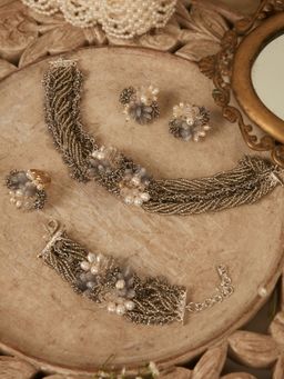 House of D'oro - Designer Necklace with Pearls Ad Stone in Grey and Off-White