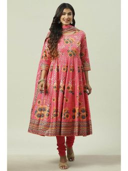 Biba - Pink Floral Printed Anarkali (Set of 3)