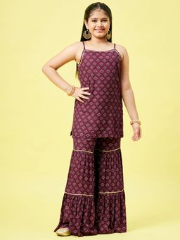 Stylo Bug - Girls Bandhani Printed Sleeveless Full Long Shararas Maroon (Set of 2)