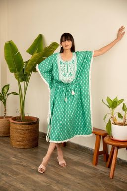 EKOHUM - Cotton Embroidered Green Kaftan Dress