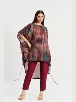 KOSWI - Women Maroon Cotton Silk Abstract Kaftan with Pant