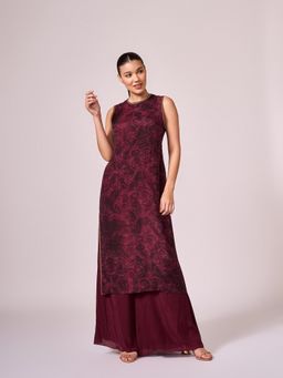 KOSWI - Women Wine Cotton Silk Abstract Kurta with Palazzo