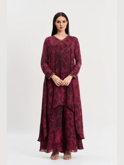 KOSWI - Women Wine Cotton Silk Abstract Kurta with Palazzo