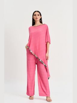 KOSWI - Women Pink Cotton Silk Solid Kaftan with Pant