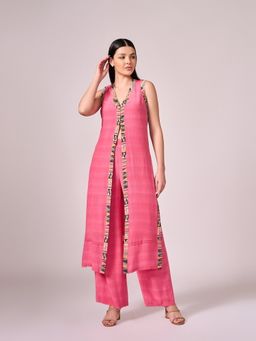 KOSWI - Women Pink Cotton Silk Geometric Kurta with Pant