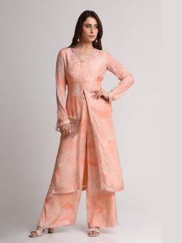 KOSWI - Women Peach Viscose Floral Kurta with Pant