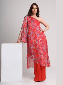 KOSWI - Women Red Viscose Abstract Kurta with Pant
