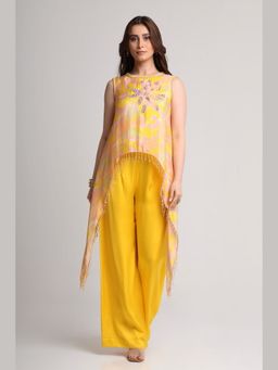 KOSWI - Women Yellow Viscose Embellished Tunic with Pant