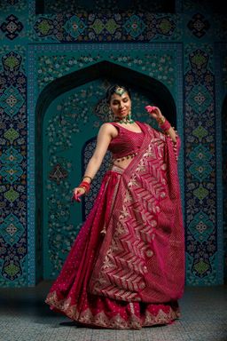 MONK & MEI - Haya Women Pink Embroidered Lehenga with Stitched Blouse and Cape