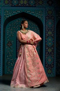 MONK & MEI - Haya Women Pink Embroidered Lehenga with Stitched Blouse and Cape
