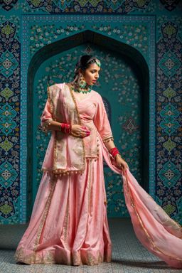 MONK & MEI - Gulbadan Women Pink Embroidered Kurta with Stitched Blouse and Dupatta