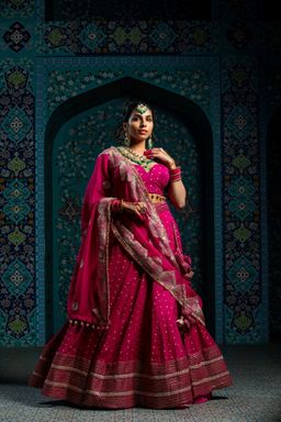 MONK & MEI - Rizina Women Pink Embroidered Lehenga with Stitched Blouse and Dupatta