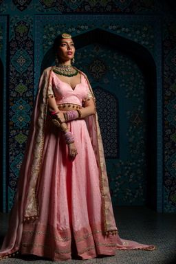 MONK & MEI - Rizina Women Pink Embroidered Lehenga with Stitched Blouse and Dupatta