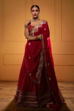 MONK & MEI - Nafisa Women Pink Embroidered Lehenga with Stitched Blouse and Dupatta