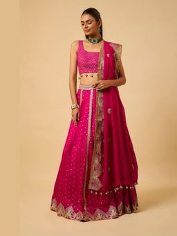 MONK & MEI - Sona Women Pink Embroidered Lehenga with Stitched Blouse and Dupatta