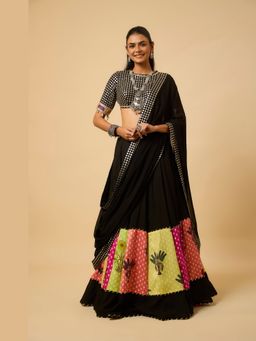 MONK & MEI - Rasika Women Black Embroidered Lehenga with Stitched Blouse and Dupatta