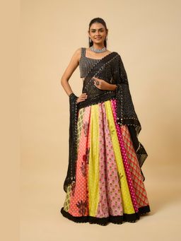 MONK & MEI - Kamini Women Black Embroidered Lehenga with Stitched Blouse and Dupatta