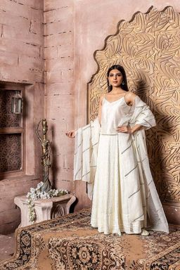 MONK & MEI - Shuddhi Women Ivory Solid Top with Lehenga and Dupatta