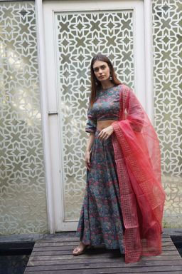 MONK & MEI - Aasma Women Blue Printed Lehenga with Stitched Blouse and Dupatta