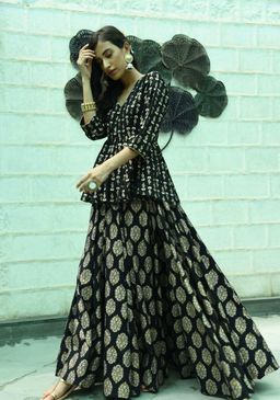 MONK & MEI - Amrita Women Black Printed Top with Lehenga