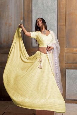 MONK & MEI - Mallika Women Yellow Embroidered Lehenga with Stitched Blouse and Dupatta